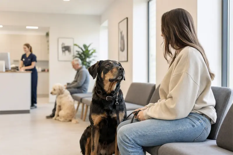 Ein Huntaway Hund sitzt ruhig neben seinem Besitzer im hellen Wartezimmer einer modernen Tierarztpraxis.